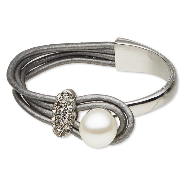 Bracelet, 4-strand, leather (dyed) / acrylic / Czech glass crystal / rhodium-plated "pewter" (zinc-based alloy), grey / white / clear, 17mm wide, 6 inches with button clasp. Sold individually. image number 0