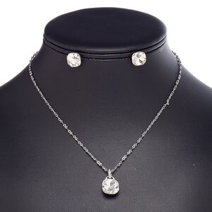 Necklace and earring set, glass / stainless steel / imitation rhodium-plated brass / steel / "pewter" (zinc-based alloy), clear, 12x12mm cushion, 15" to 16" necklace with 2-inch extender chain and lobster claw clasp, 10x10mm cushion with post. Sold per set.