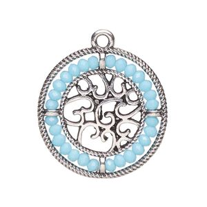 Drop, glass and antique silver-finished "pewter" (zinc-based alloy), aqua blue, 28mm round with hearts and beaded border. Sold per pkg of 2.
