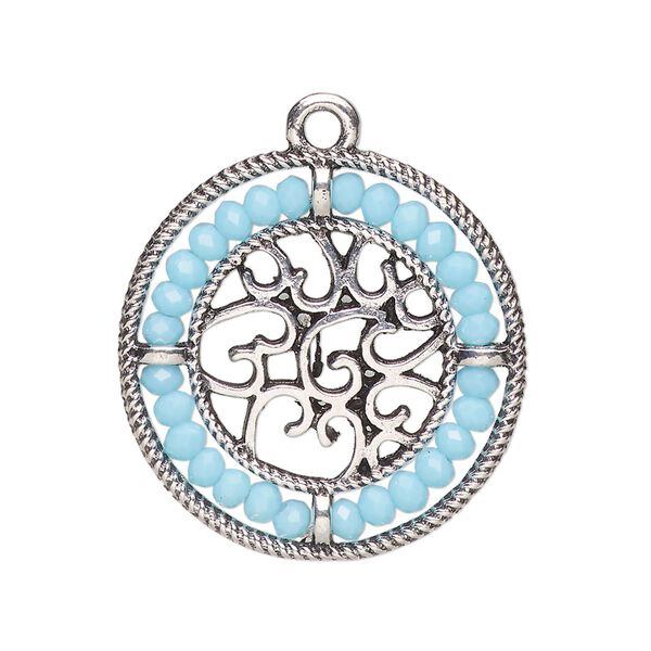 Drop, glass and antique silver-finished "pewter" (zinc-based alloy), aqua blue, 28mm round with hearts and beaded border. Sold per pkg of 2. image number 0