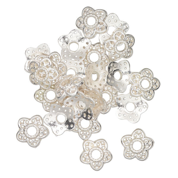 Bead cap, silver-finished brass, 11x4mm flower, fits 10-12mm beads. Sold per pkg of 24. image number 0