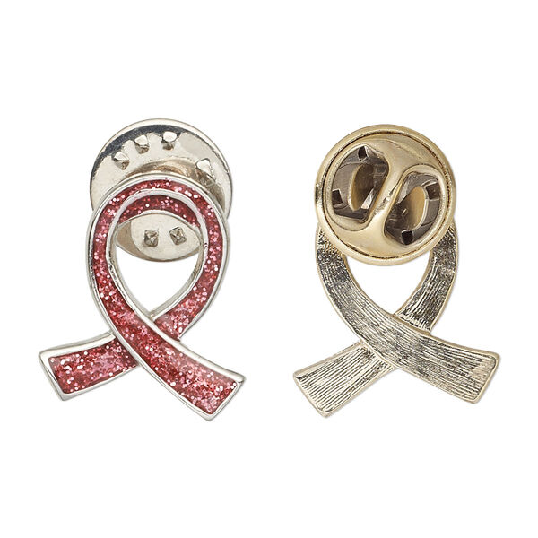 Pin, imitation rhodium-plated "pewter" (zinc-based alloy) / enamel / epoxy, transparent pink with glitter, 20x17mm single-sided awareness ribbon. Sold individually. image number 0