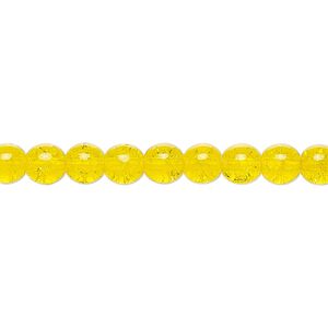 Bead, Czech crackle glass druk, yellow, 6mm round. Sold per 15-1/2" to 16" strand, approximately 65 beads.
