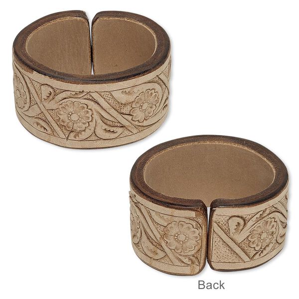 Bracelet, cuff, leather (dyed), tan and brown, 40mm wide with etched floral design, adjustable from 7-8 inches. Sold individually. image number 0