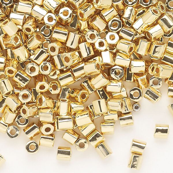 Seed bead, Dyna-Mites™, glass, opaque 24Kt gold-plated, #6 hex 2-cut. Sold per 1/2 kilogram pkg. image number 0