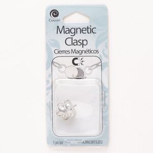 Clasp magnetic 1pkg1, 4mm round, silver-finished steel / clear 1-strand