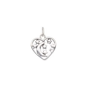 Charm, antiqued sterling silver, 12.5x12mm single-sided heart with cutout moon and stars. Sold individually.