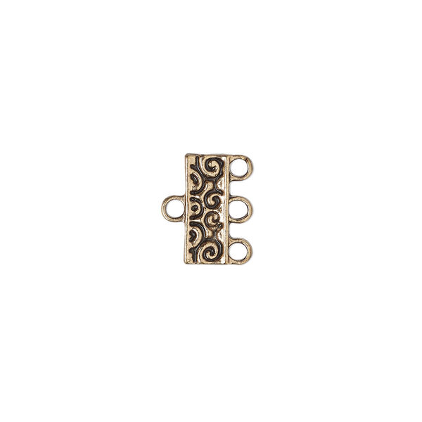End bar, antique gold-finished "pewter" (zinc-based alloy), 12x5mm double-sided rectangle with swirl design and 3 loops. Sold per pkg of 12. image number 0