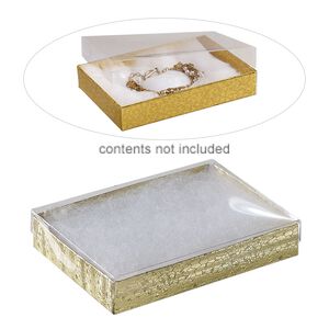 Box, plastic and paper, "cotton"-filled, gold and clear, 5-3/8 x 3-7/8 x 1-inch rectangle. Sold per pkg of 10.
