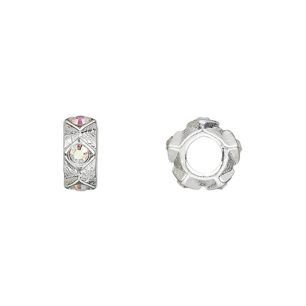Bead, Dione®, crystals and antique silver-plated pewter (tin-based alloy), clear AB, 10.5x5mm textured rondelle. Sold individually. image number 0