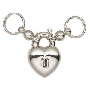 Clasp, springring, silver-finished "pewter" (zinc-based alloy) and steel, 39x29mm-42x31mm heart with 2 rings. Sold individually.