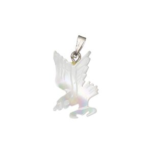 Pendant, mother-of-pearl shell (bleached) / antique silver-finished "pewter" (zinc-based alloy) / steel, 17x13mm-21x15mm single-sided carved bird. Sold individually.