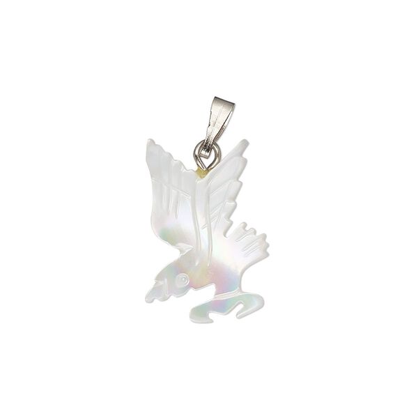 Pendant, mother-of-pearl shell (bleached) / antique silver-finished "pewter" (zinc-based alloy) / steel, 17x13mm-21x15mm single-sided carved bird. Sold individually. image number 0