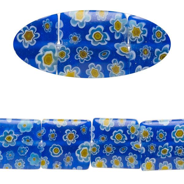 Bead, millefiori glass, translucent blue / white / yellow, 11mm-13x12mm puffed square with flower design. Sold per 14-inch strand. image number 0