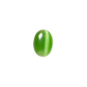 Cabochon, cat's eye glass (fiber optic glass), green, 14x10mm calibrated oval, quality grade. Sold per pkg of 10.