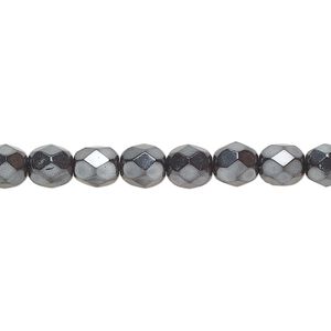 Bead, Czech fire-polished glass, opaque hematite, 6mm faceted round. Sold per 18-inch strand, approximately 75 beads.