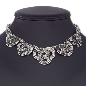 Necklace, antique silver-coated plastic with antique silver-plated steel and "pewter" (zinc-based alloy), knots, 16 inches with 2-1/2 inch extender chain and lobster claw clasp. Sold individually.