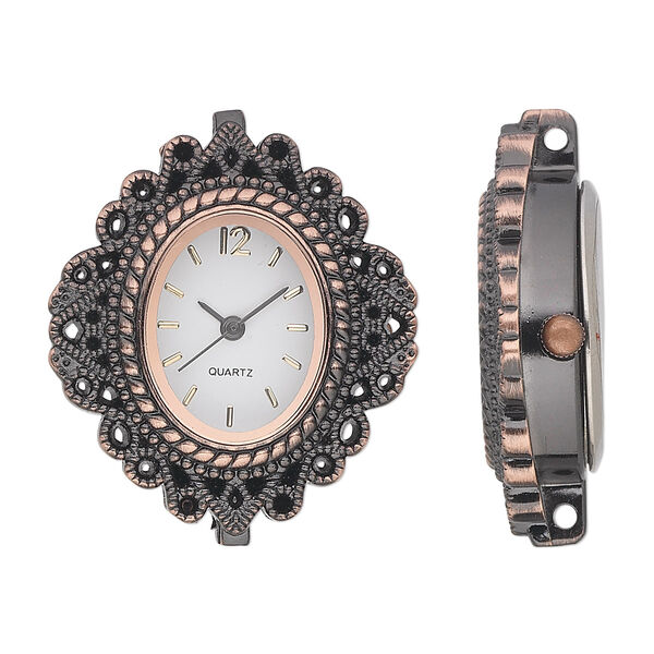 Watch face, antique copper-plated pewter (tin-based alloy) and stainless steel, ivory and black, 35x30mm fancy oval with 2 loops. Sold individually. image number 0