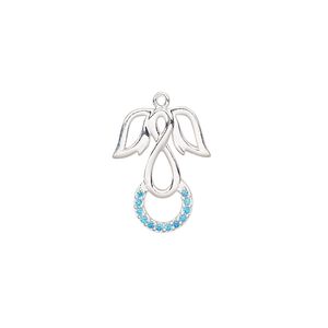 Charm, cubic zirconia and sterling silver, blue, 17x13mm single-sided angel. Sold individually.