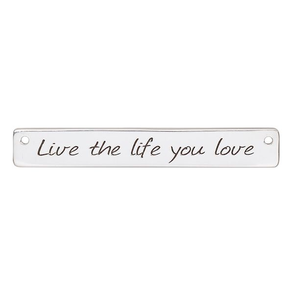 Focal, sterling silver and enamel, black 40x6mm single-sided flat rectangle with "Live the life you love" and 2 holes. Sold individually. image number 0