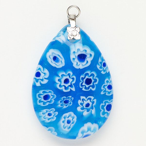 Focal 1pkg1 silver-finished steel and millefiori glass, translucent and transparent aqua blue / cobalt blue / white, 35x25mm-36x28mm puffed teardrop. image number 0