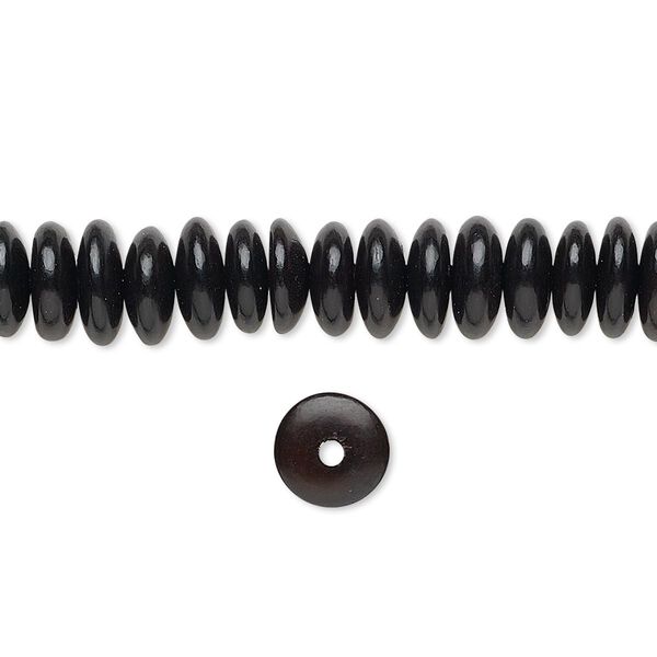 Bead, horn (dyed / waxed), black, 8x3mm hand-cut saucer. Sold per 15-1/2" to 16" strand. image number 0