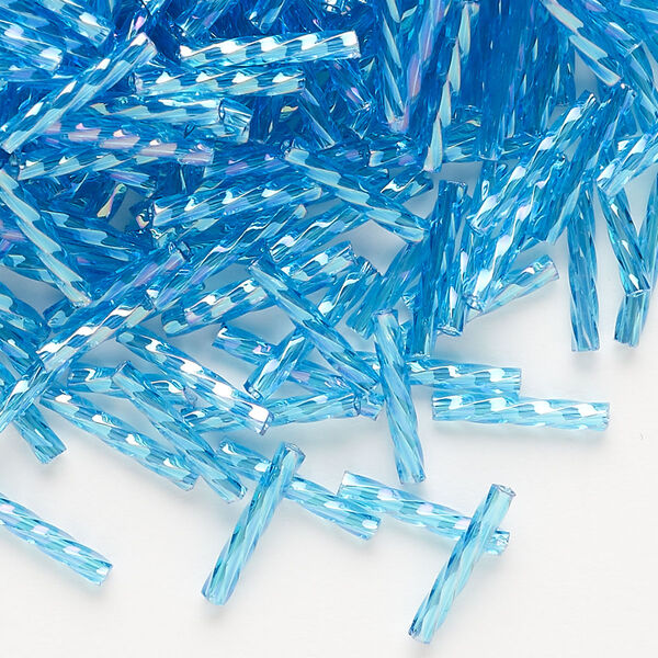 Bugle bead, Dyna-Mites™, glass, translucent rainbow aqua, 12mm twisted. Sold per 50-gram pkg. image number 0