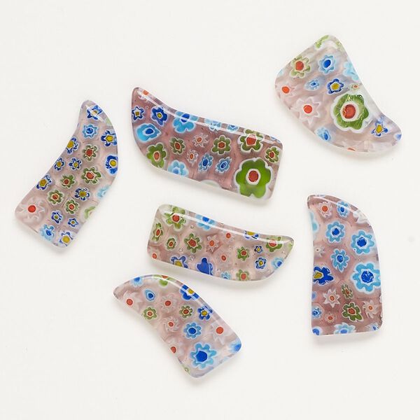 Component, millefiori glass, translucent purple and multicolored, 22x11mm-28x14mm undrilled talon. Sold per pkg of 6. image number 0
