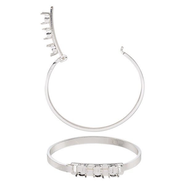 Bracelet, bangle, silver-finished brass, 9mm wide with (3) SS39 4-prong rivoli settings, 8 inches. Sold individually. image number 0