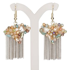 Earring, cultured freshwater pearl (bleached) / glass / gold-finished brass / steel, multicolored, 2 inches with fishhook ear wire. Sold per pair.