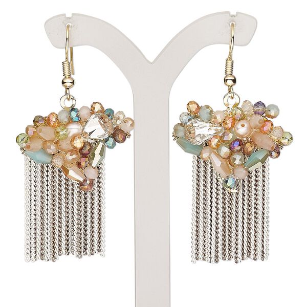 Earring, cultured freshwater pearl (bleached) / glass / gold-finished brass / steel, multicolored, 2 inches with fishhook ear wire. Sold per pair. image number 0