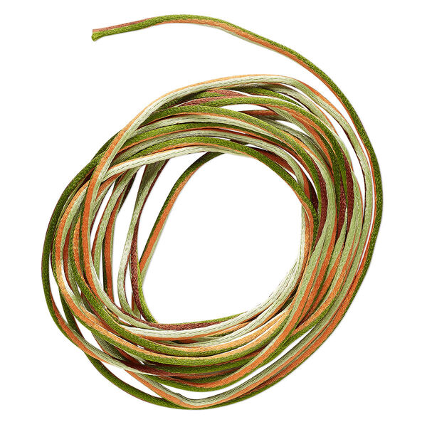 Cord, Satinique™, nylon, brown / greens / orange, 2mm regular with vertical stripe. Sold per pkg of 10 feet. image number 0
