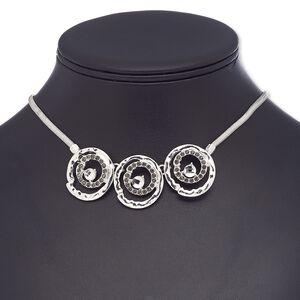Necklace, glass rhinestone / glass / silver-plated brass / steel / "pewter" (zinc-based alloy), black and clear, 26mm round, 16 inches with 2-inch extender chain and lobster claw clasp. Sold individually.