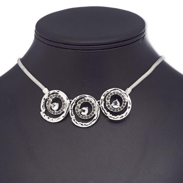 Necklace, glass rhinestone / glass / silver-plated brass / steel / "pewter" (zinc-based alloy), black and clear, 26mm round, 16 inches with 2-inch extender chain and lobster claw clasp. Sold individually. image number 0