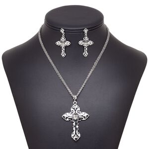 Necklace and earring set, Avant-Garde Jewelry Collection, enamel / Czech glass rhinestone / imitation rhodium-plated brass, black and white, 56x40mm cross with skull design, 15" to 16" necklace with 2-inch extender chain and lobster claw clasp, 48mm earrings with post. Sold per set.