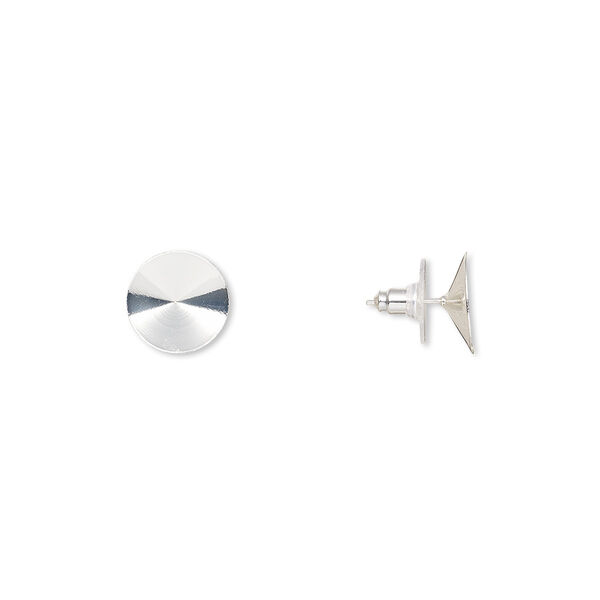 Earstud, Almost Instant Jewelry®, plastic with silver-finished brass and steel, 14.5mm round with 14mm rivoli setting. Sold per pkg of 5 pairs. image number 0