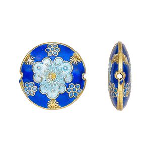 Bead, cloisonné, enamel and gold-finished copper, blue, 20mm double-sided puffed flat round. Sold per pkg of 4.
