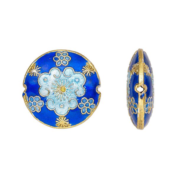 Bead, cloisonné, enamel and gold-finished copper, blue, 20mm double-sided puffed flat round. Sold per pkg of 4. image number 0