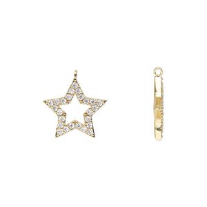 Charm, cubic zirconia and gold-finished brass, clear, 14x13.5mm single-sided open star. Sold individually.