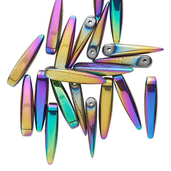 Bead, electroplated Hemalyke™ (man-made), rainbow, 15x3mm top-drilled point. Sold per pkg of 20. image number 0
