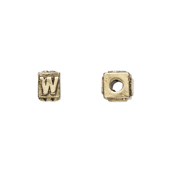 Bead, antique gold-plated pewter (tin-based alloy), 8x6mm rectangle with alphabet letter "W." Sold per pkg of 4. image number 0
