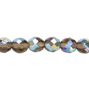 Bead, Czech fire-polished glass, smoke AB, 8mm faceted round. Sold per 15-1/2" to 16" strand.
