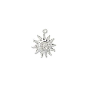 Charm, silver-plated brass, 12mm sun face. Sold per pkg of 100.