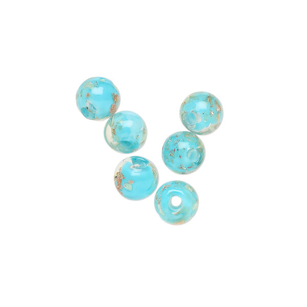 Bead, lampworked glass, clear / light blue / glow-in-the-dark / gold, 6mm round. Sold per pkg of 6. image number 0