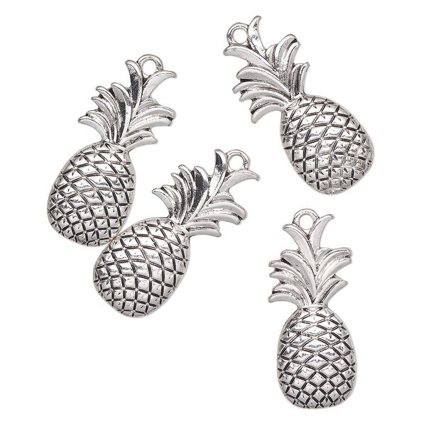 Charm, antique silver-finished "pewter" (zinc-based alloy), 28x13mm pineapple. Sold per pkg of 4. image number 0
