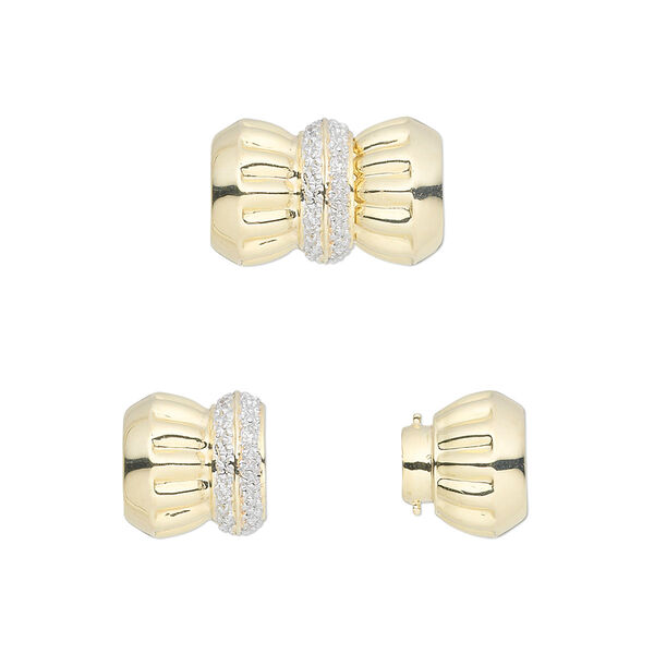 Clasp, multi-strand magnetic twist and lock, diamond (natural) and 14Kt gold, 15x10mm corrugated barrel with faceted round. Sold individually. image number 0