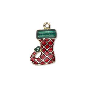 Charm, enamel and gold-finished "pewter" (zinc-based alloy), red and green, 17x13mm single-sided stocking. Sold individually.