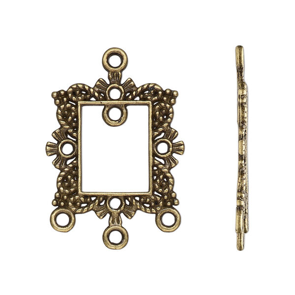 Drop, antique brass-finished "pewter" (zinc-based alloy), 23x21mm single-sided open rectangle frame with fancy beaded design and 4 closed loops. Sold per pkg of 10. image number 0