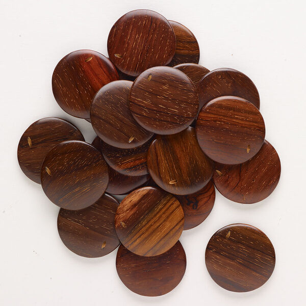 Bead, rosewood (waxed), pkg/20, 34mm puffed flat round. image number 0