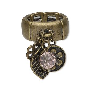 Ring, stretch, acrylic / glass rhinestone / antique brass-finished "pewter" (zinc-based alloy) / steel, pink, leaf and dangle charms, size 8. Sold individually.